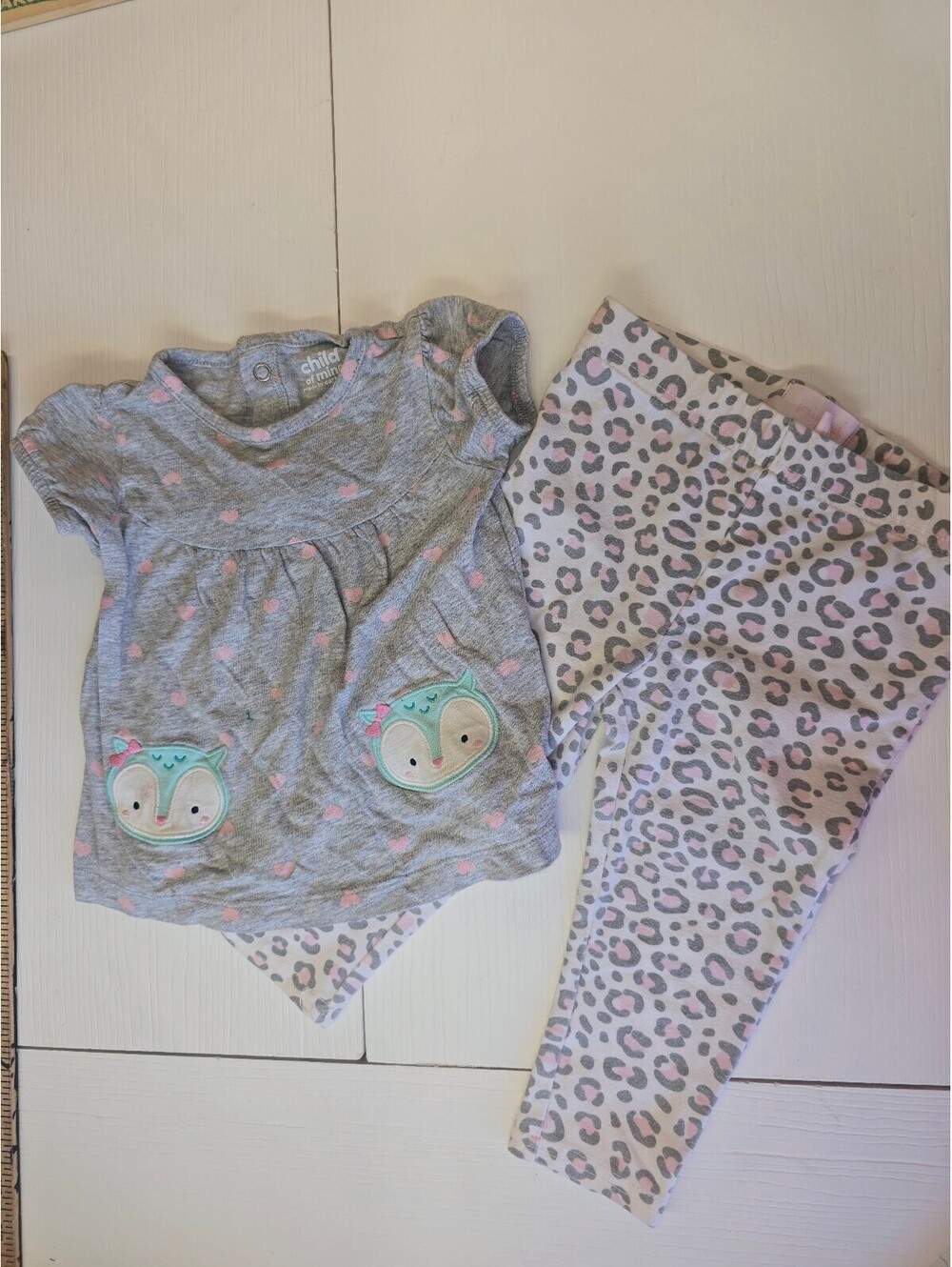 Baby Girls 12M Outfit Set Carters Owl Top Heart Print Leopard Leggings